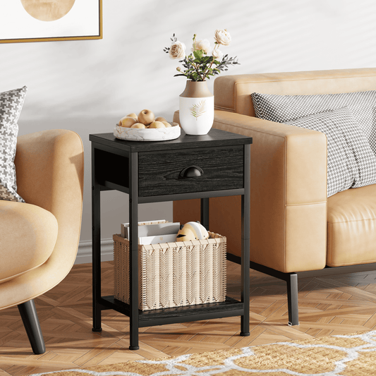 Satifur Nightstand for Bedroom,3-Tier End Table with Drawer,Black Oak Finish