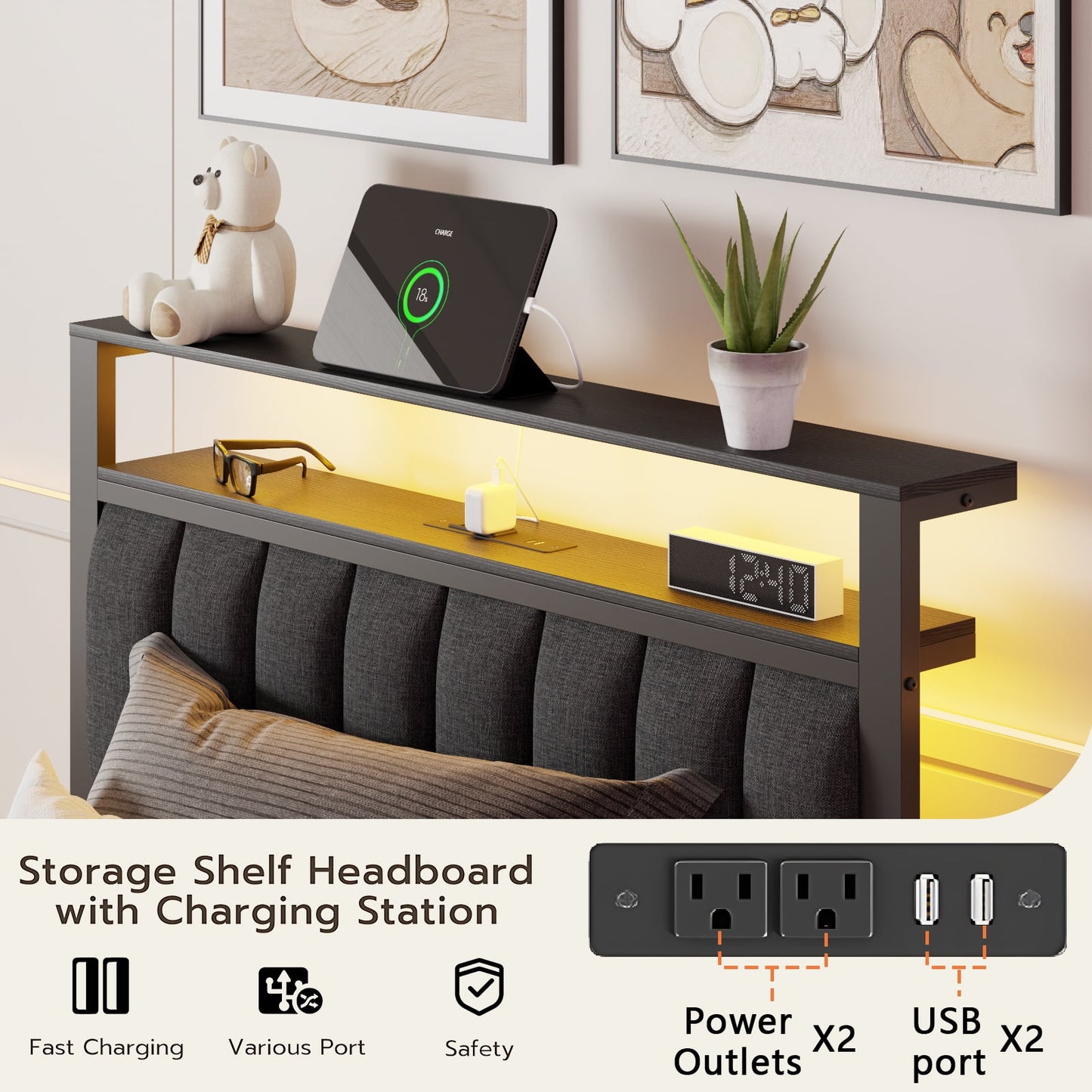 Hexmn Twin Bed Frame with Upholstered Storage Headboard & 2 Drawers, Platform Metal Bed with 2 USB Ports and Outlets, Under-bed Storage and Noise Free Design