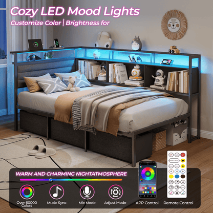 Tydimor L-Shaped Corner Bed Frame with 3 Storage Drawers, 3 Cubbies & Double-Layer Shelf, LED Lights & Power Outlet, Corner Twin Beds for Living Room, Bedroom and Guest, Black