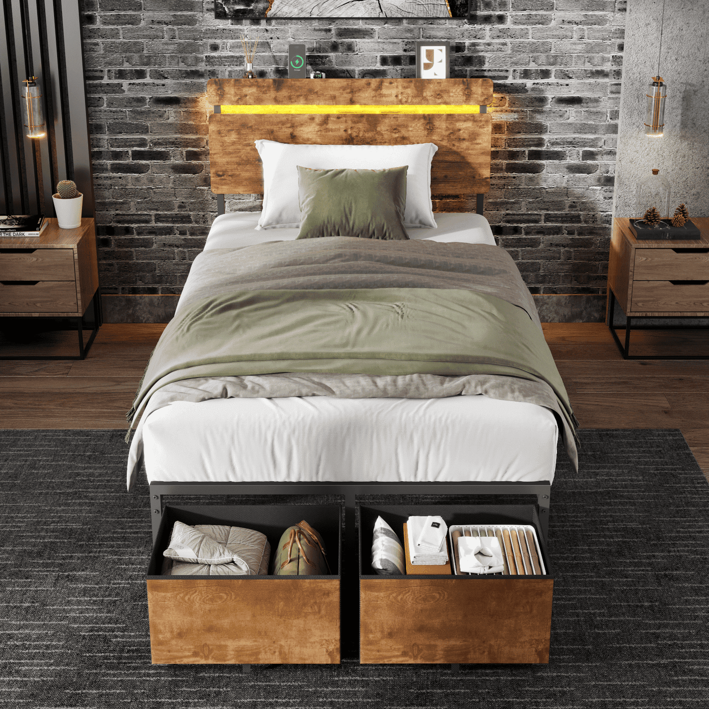 Satifur Twin Size Bed Frame with 2 Drawers & LED Lights & Charging Station, Beds with Headboard & 10.10" Under Bed Storage, No Box Spring Needed, Easy Assembly, Rustic Brown