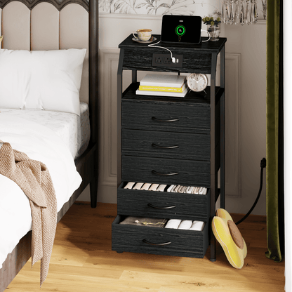 Satifur Nightstand with Charging Station, Bedside Dresser with 5 Fabric Drawers and Storage Shelves for Bedroom, Black Oak