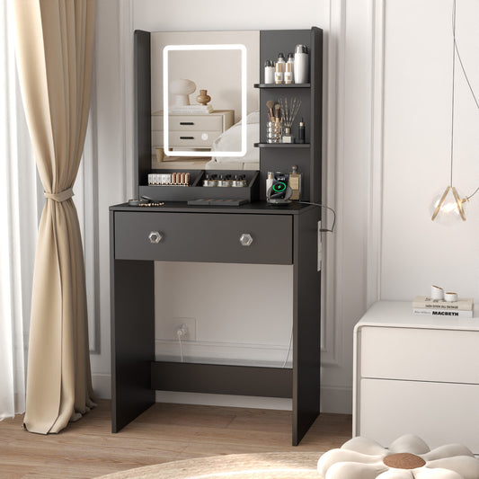 Satifur Vanity Desk with Mirror & Lights, GRWM Vanity with Drawers & Storage Shelves, Makeup Dressing Table with Charging, Black