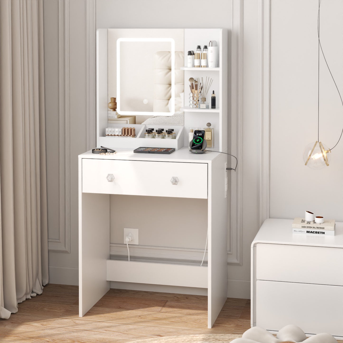 Satifur Vanity Desk with Mirror & Lights, GRWM Vanity with Drawers & Storage Shelves, Makeup Dressing Table with Charging, White