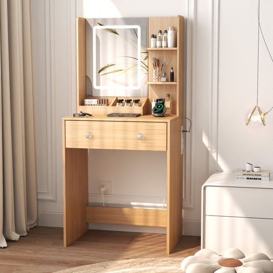 Satifur Vanity Desk with Mirror & Lights, GRWM Vanity with Drawers & Storage Shelves, Makeup Dressing Table with Charging, Nature
