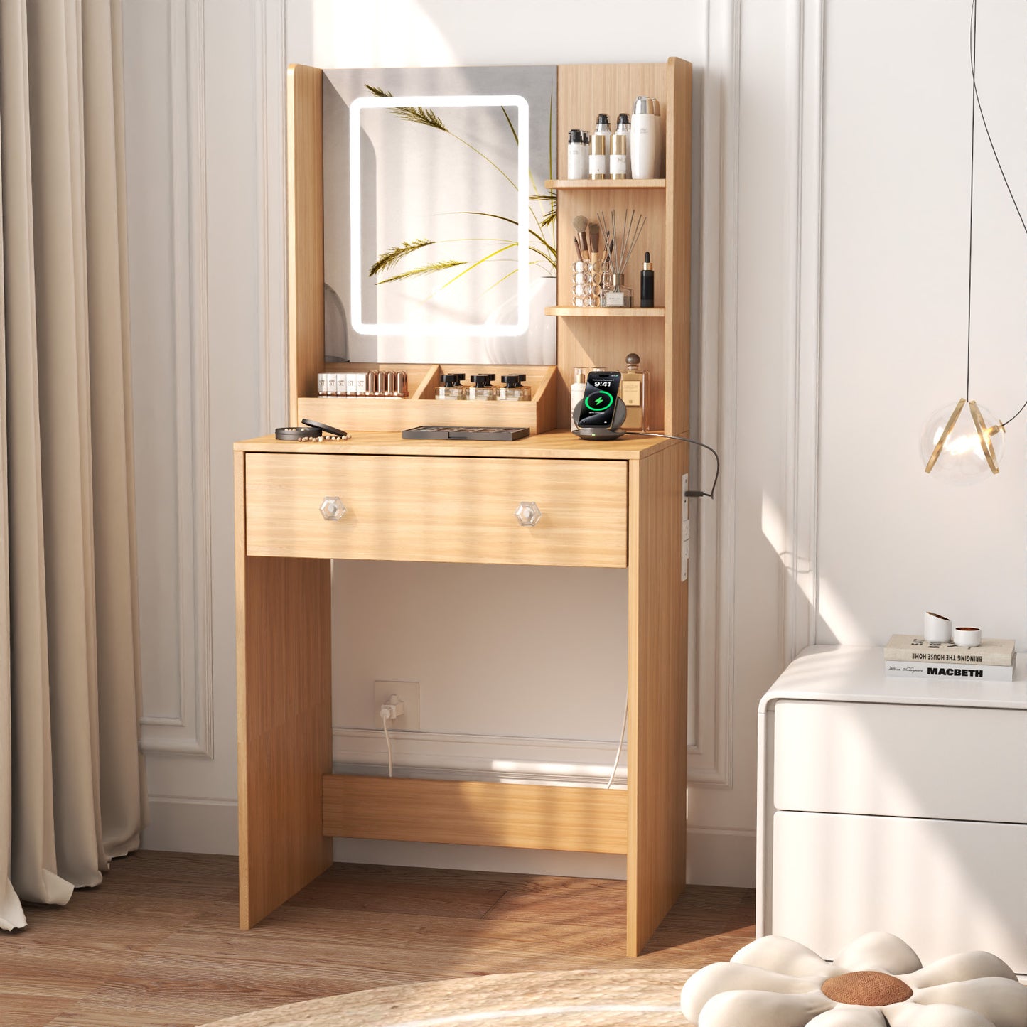 Tydimor Vanity Desk with Mirror & Lights, GRWM Vanity with Drawers & Storage Shelves, Makeup Dressing Table with Charging, Nature