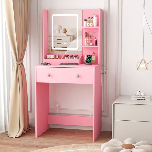 Tydimor Vanity Desk with Mirror & Lights, GRWM Vanity with Drawers & Storage Shelves, Makeup Dressing Table with Charging, Pink