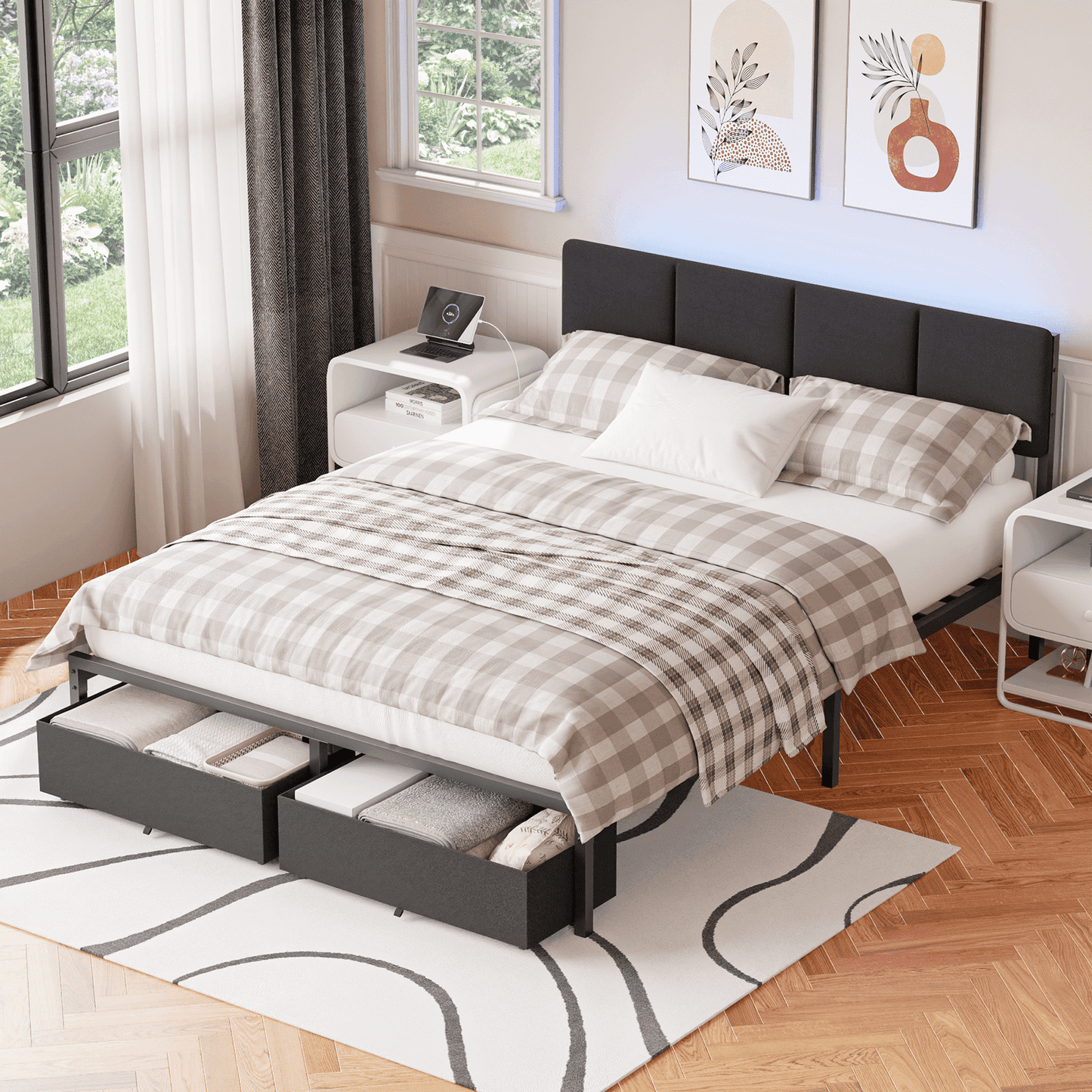 Satifur Queen Bed Frame with LED Charging Station & 2 Drawers, Sturdy Metal Legs, Noise Free, Black