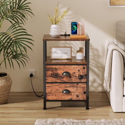 Satifur Bedside Table with Charging Station,Set of 2 LED Nightstand with 2 Fabric Drawers,Rustic Brown