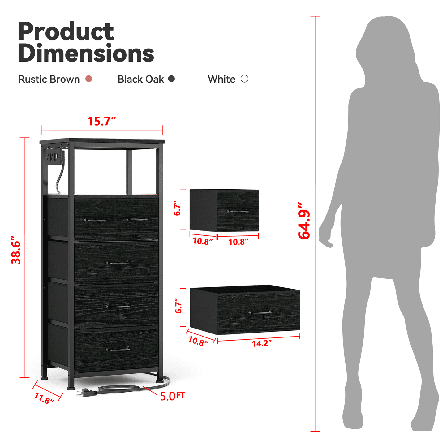 TYDIMOR Small Dresser for Bedroom, 5 Drawer with Charging Station, Black, Ideal for Adults