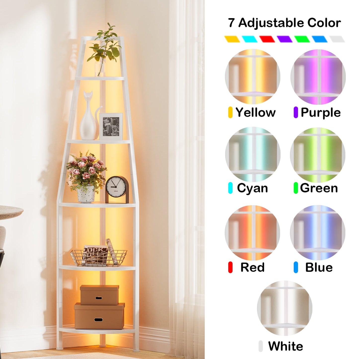 Satifur Corner Shelf Space Saving Freestanding Bookcase with LED Light Strip, Corner Bookshelf for Living Room Bedroom, White