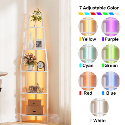 Satifur Corner Shelf Space Saving Freestanding Bookcase with LED Light Strip, Corner Bookshelf for Living Room Bedroom, White