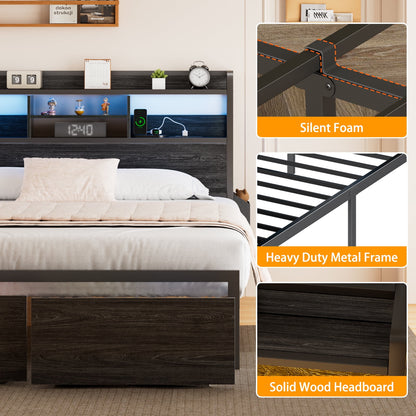 Hexmn Electric Bed Frame Full No Box Spring Needed with Charging Station & Storage Drawers, Black Oak