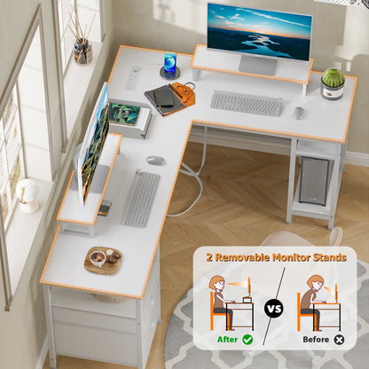 Furologee Computer Desk L-Shaped Desk with Power Outlet and Monitor Stand Corner Desk, White