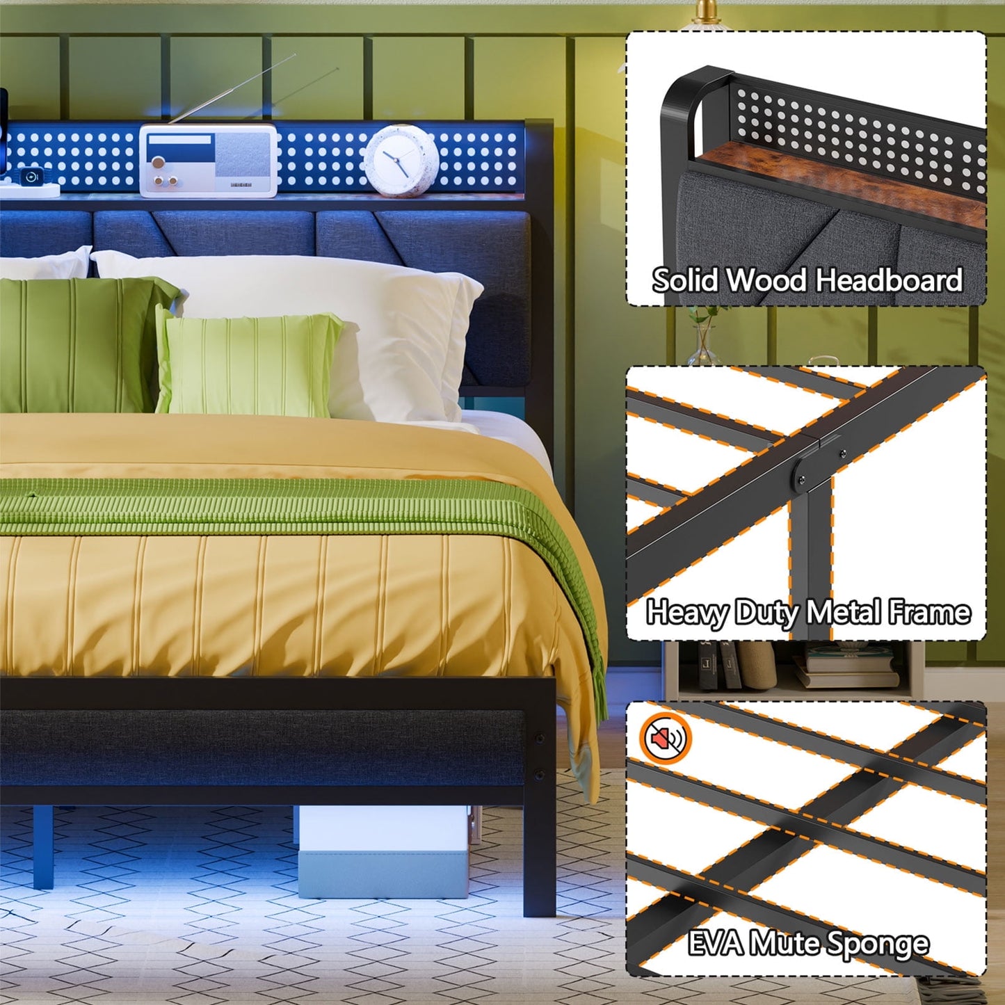 Satifur Full Size Bed Frame with Charging Station, Storage Headboard & LED Lights, Heavy Duty Metal Bed Frame, Easy Assembly