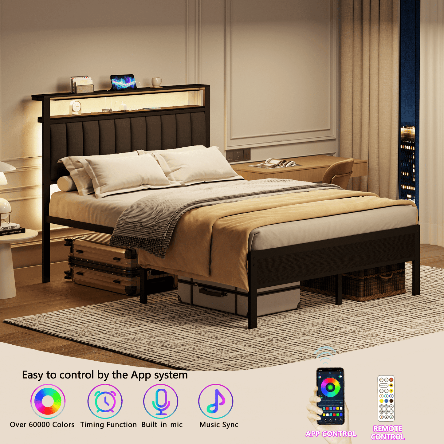 Hexmn Upholstered Underbed Storage Bed with Charging Station£¬LED Queen Size Bed Frame with Storage Shelves, Niose Free