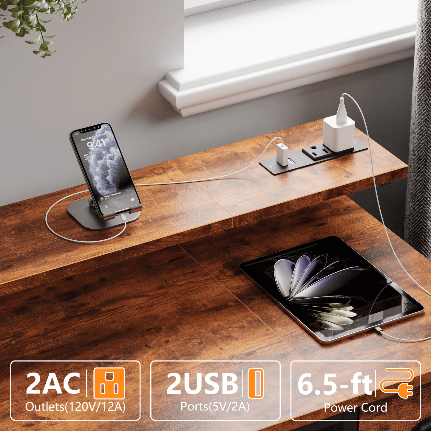 Hexmn Smart Computer Gaming Desk with Power Outlets & LED Lights, Standing Office Desk with Fabric Drawers for Home