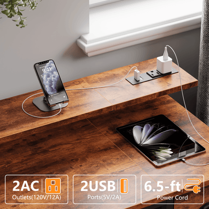 Hexmn Smart Computer Gaming Desk with Power Outlets & LED Lights, Standing Office Desk with Fabric Drawers for Home