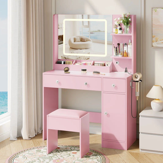 Tydimor Vanity Desk with Mirror & Lights, GRWM Vanity Table with Drawers & Storage Shelves, Makeup Dressing Table with Stool & Charging, Pink