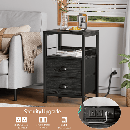 Satifur Nightstand with Charging Station, Set of 2 Bedside End Table with Fabric Drawers,Outlets & USB Ports,Black Oak