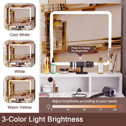 Satifur Lighted Makeup Vanity Set, Women Dressing Table with Outlets, Vanity Desk with Drawers & Stool
