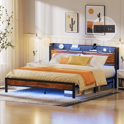 Hexmn King RGB LED Strip Platforrm Bed Frames with Headboard Metal, Storage Shelves & Underbed, Niose Free, No Box Spring Needed