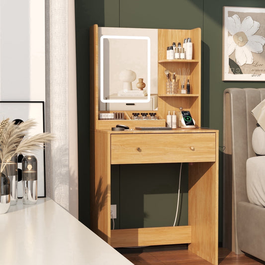 Satifur Vanity Desk with Mirror & Lights, GRWM Vanity with Drawers & Storage Shelves, Makeup Dressing Table with Charging, Nature