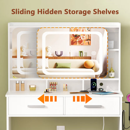 Tydimor Vanity Set with Sliding Mirror & Lights, Women Dressing Table with Outlets, Makeup Vanity Desk with Drawers & Stool