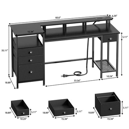 Satifur Computer Desk with 4 Drawers, 61 Inch Reversible Desk with Led Lights & Power Outlet, Home Office Desk with File Drawer & Monitor Stand, Black