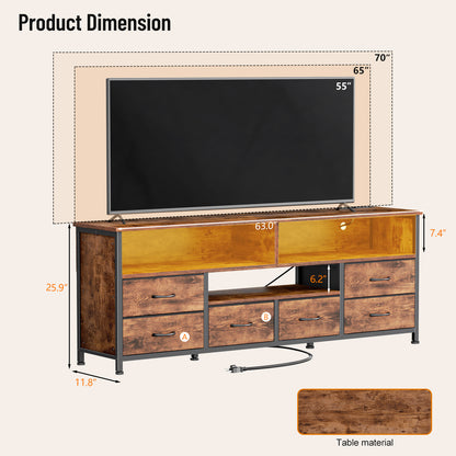 Tydimor Modern TV Stand for TVs up to 65", Media Console with 6 Drawers for Living Room, Entertainment Center with LED lights & Outlets, Rustic