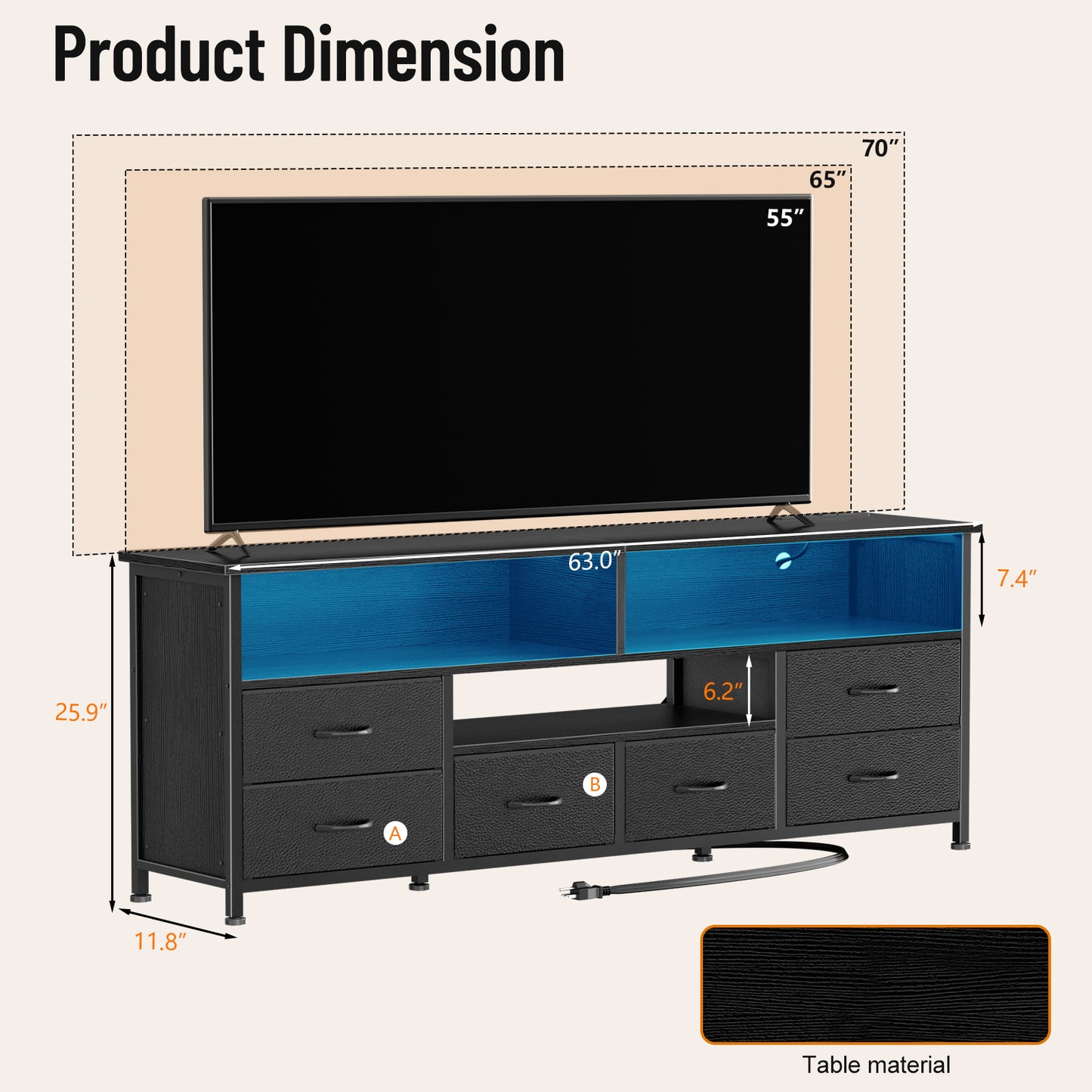 Tydimor Modern TV Stand for TVs up to 65", Media Console with 6 Drawers for Living Room, Entertainment Center with LED lights & Outlets, Black