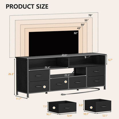 Tydimor Modern TV Stand for TVs up to 55", Media Console with 6 Drawers for Living Room, Entertainment Center with LED lights and Power Outlets, Black