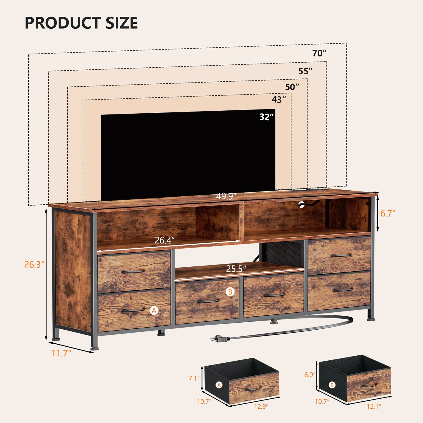 Tydimor Modern TV Stand for TVs up to 55", Media Console with 6 Drawers for Living Room, Entertainment Center with LED lights & Outlets, Rustic