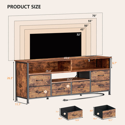 Tydimor Modern TV Stand for TVs up to 55", Media Console with 6 Drawers for Living Room, Entertainment Center with LED lights & Outlets, Rustic