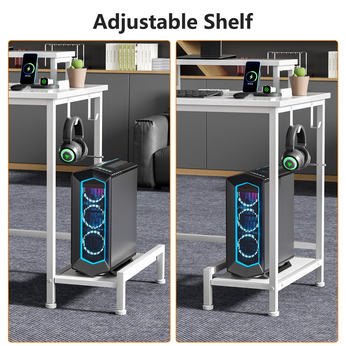 Satifur Office Desk with Drawers and Charging Station, Gaming Desk with Movable Monitor Stands, Corner Desk with Storage Shelves and File Cabinet, White