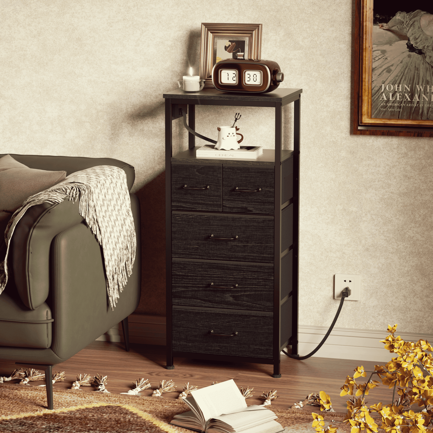 TYDIMOR Small Dresser for Bedroom, 5 Drawer with Charging Station, Black, Ideal for Adults