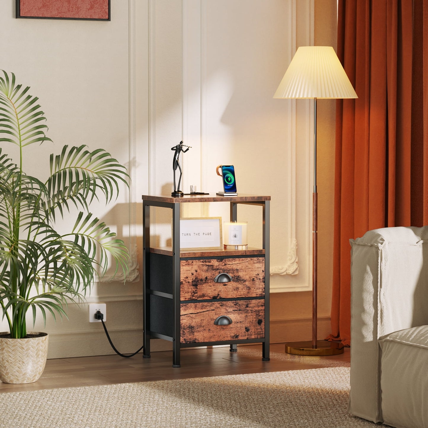 Satifur Bedside Table with Charging Station,Set of 2 LED Nightstand with 2 Fabric Drawers,Rustic Brown