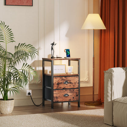 Satifur Bedside Table with Charging Station,Set of 2 LED Nightstand with 2 Fabric Drawers,Rustic Brown