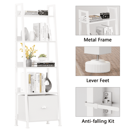 Tydimor 5-Tier Ladder Bookshelf With Drawer, Leaning Bookcase Storage Display Shelf, White