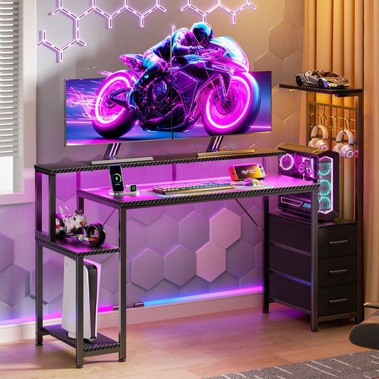 Satifur 55 Gaming Desk with Power Outlets, LED Computer Desk with 4 Tiers Shelves for Home Office with Hutch Board, Drawers, Black Carbon Fiber