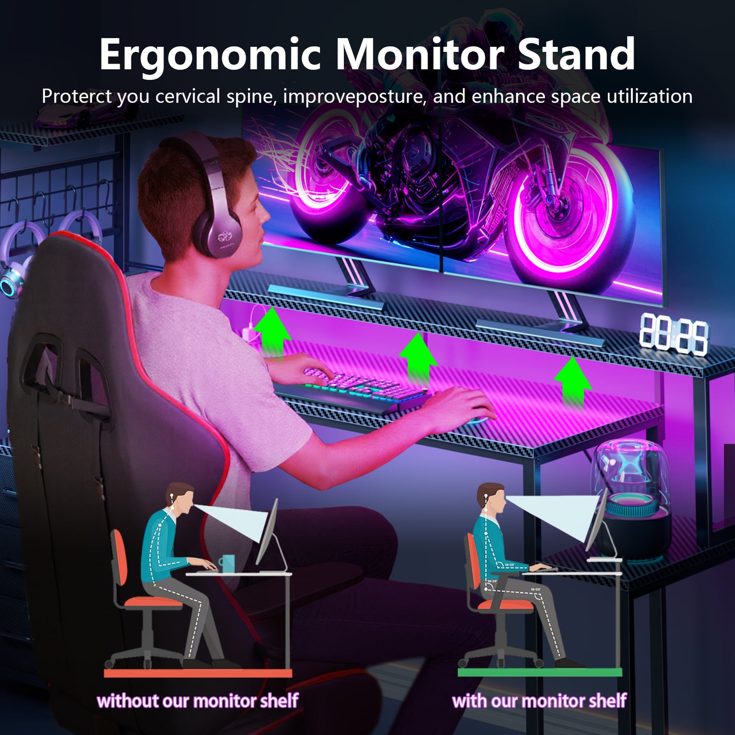 Satifur 55 Gaming Desk with Power Outlets, LED Computer Desk with 4 Tiers Shelves for Home Office with Hutch Board, Drawers, Black Carbon Fiber