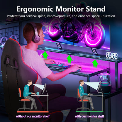 Satifur 63 Gaming Desk with Power Outlets, LED Computer Desk with 4 Tiers Shelves for Home Office with Hutch Board, Drawers, Black Carbon Fiber