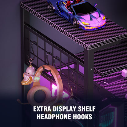 Satifur 48 Gaming Desk with Power Outlets, LED Computer Desk with 4 Tiers Shelves for Home Office with Hutch Board, Drawers, Black Carbon Fiber