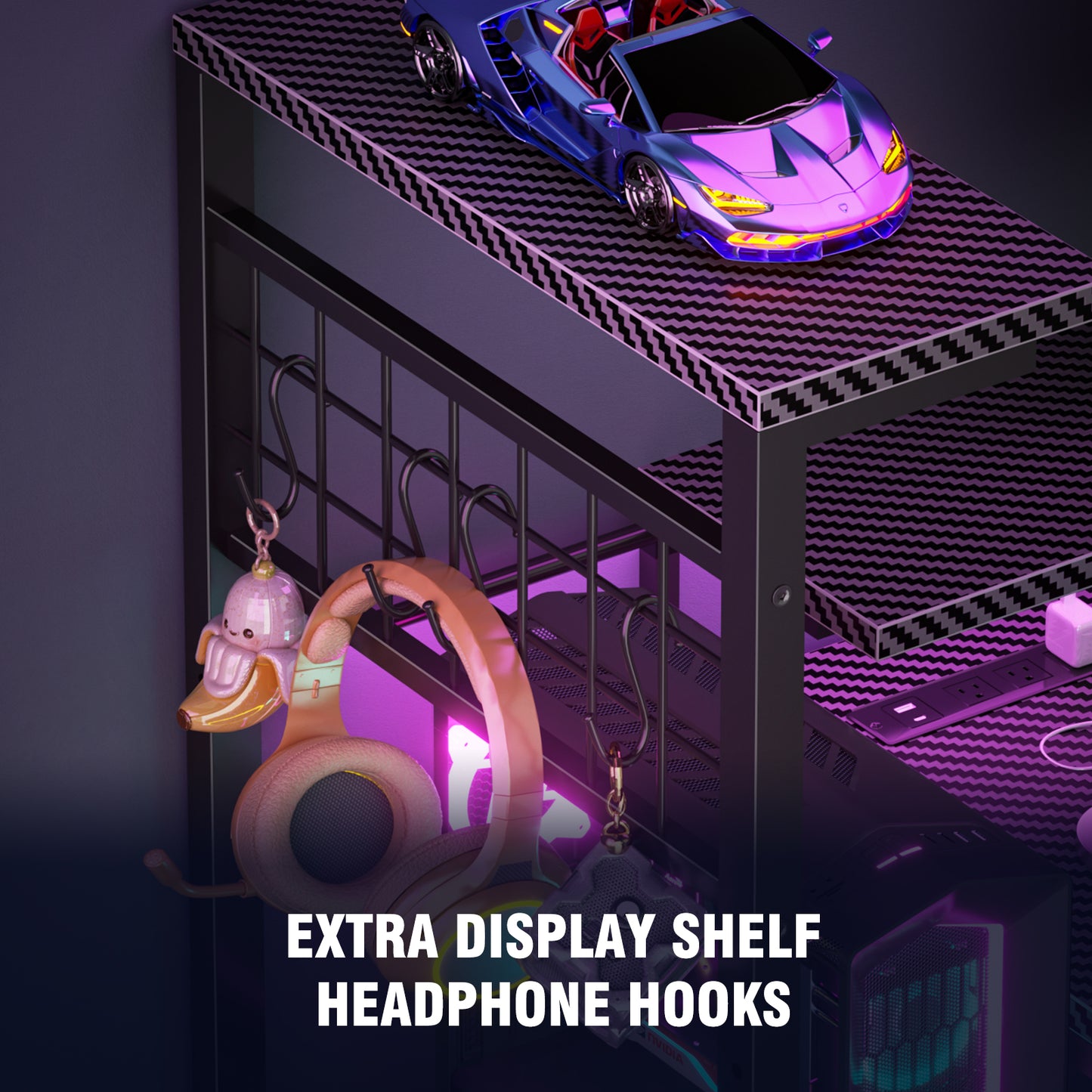 Satifur 63 Gaming Desk with Power Outlets, LED Computer Desk with 4 Tiers Shelves for Home Office with Hutch Board, Drawers, Black Carbon Fiber