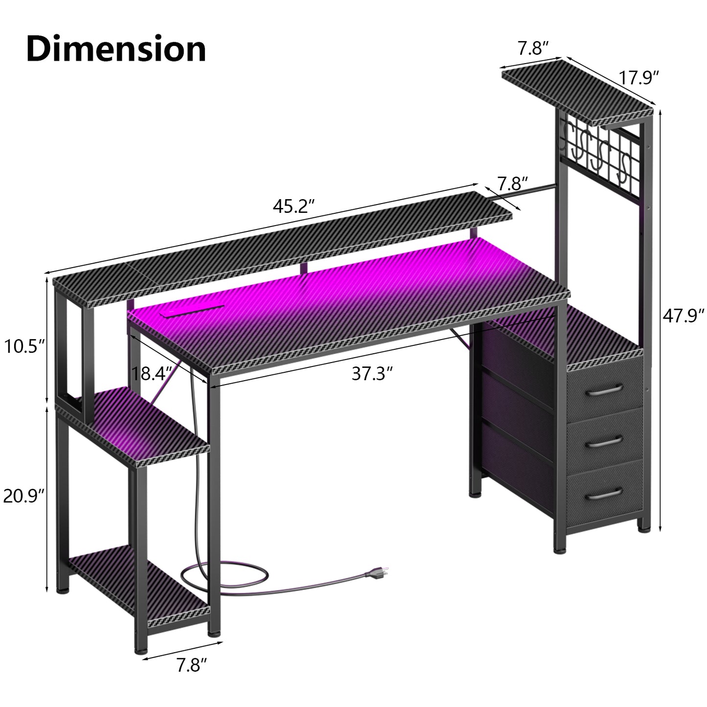 Satifur 55 Gaming Desk with Power Outlets, LED Computer Desk with 4 Tiers Shelves for Home Office with Hutch Board, Drawers, Black Carbon Fiber