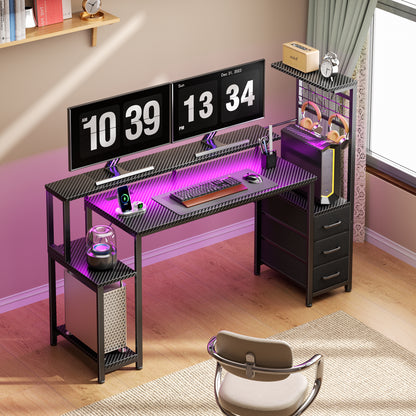 Satifur 55 Gaming Desk with Power Outlets, LED Computer Desk with 4 Tiers Shelves for Home Office with Hutch Board, Drawers, Black Carbon Fiber