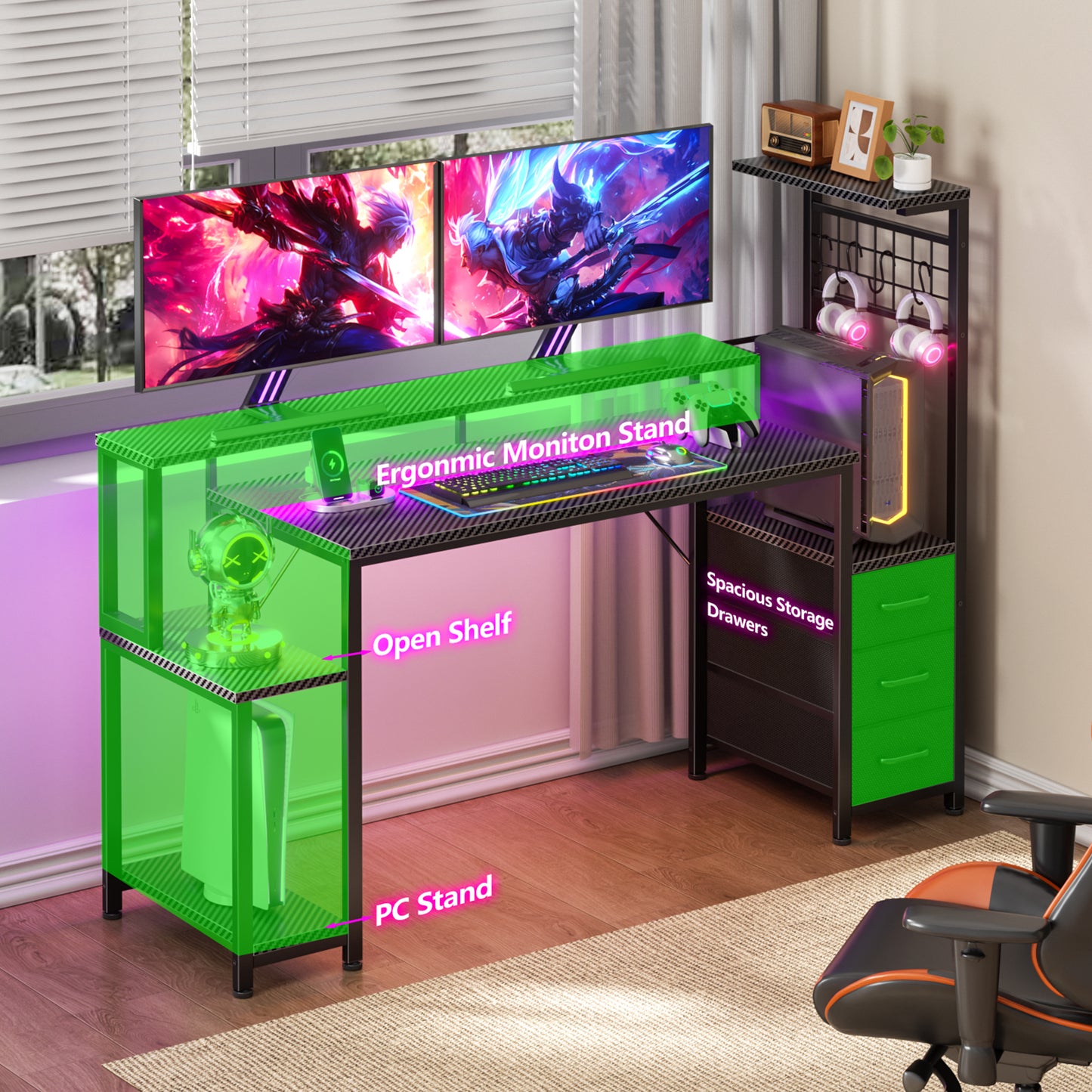 Satifur 55 Gaming Desk with Power Outlets, LED Computer Desk with 4 Tiers Shelves for Home Office with Hutch Board, Drawers, Black Carbon Fiber