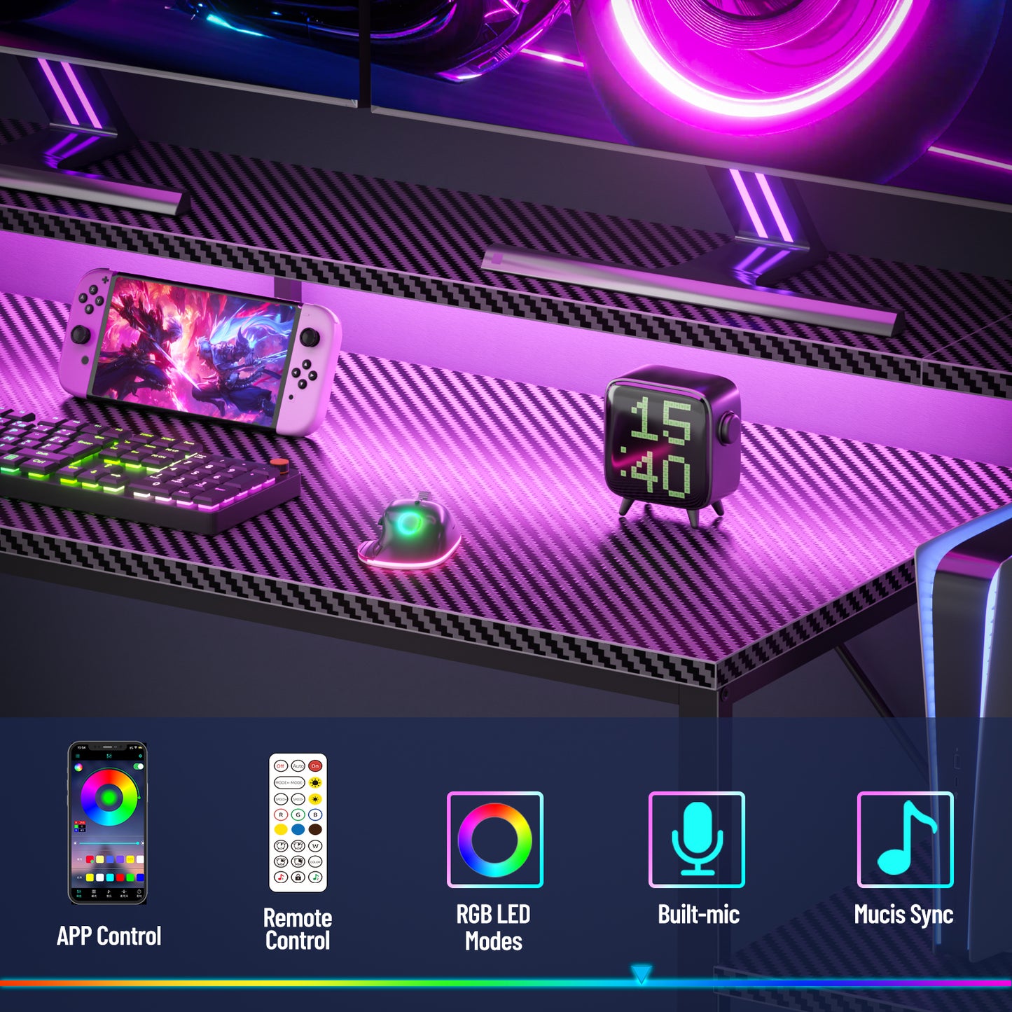 Satifur 48 Gaming Desk with Power Outlets, LED Computer Desk with 4 Tiers Shelves for Home Office with Hutch Board, Drawers, Black Carbon Fiber