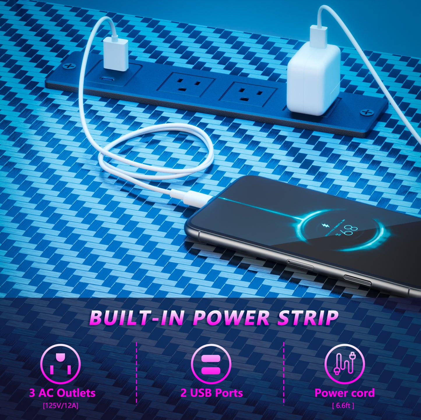 Satifur 63 Gaming Desk with Power Outlets, LED Computer Desk with 4 Tiers Shelves for Home Office with Hutch Board, Drawers, Black Carbon Fiber