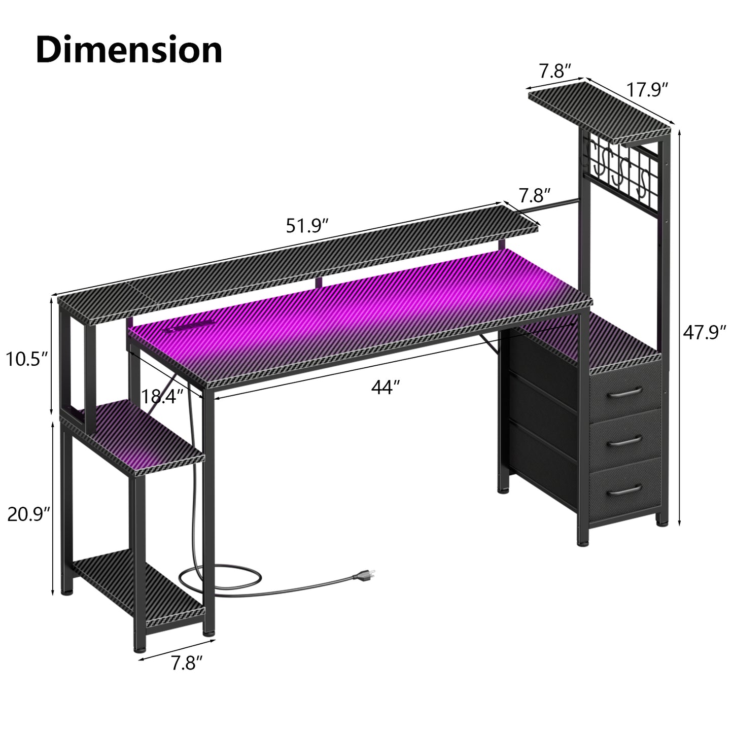 Satifur 63 Gaming Desk with Power Outlets, LED Computer Desk with 4 Tiers Shelves for Home Office with Hutch Board, Drawers, Black Carbon Fiber