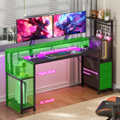 Satifur 63 Gaming Desk with Power Outlets, LED Computer Desk with 4 Tiers Shelves for Home Office with Hutch Board, Drawers, Black Carbon Fiber